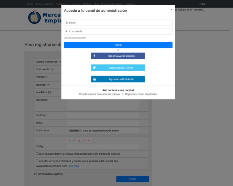 Ventana de registro de mercado empleo